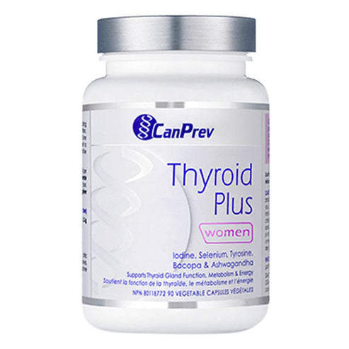 CanPrev Thyroid Plus for women in a white bottle, formulated with iodine, selenium, tyrosine, and ashwagandha for thyroid support.