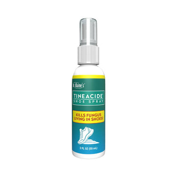 Dr.Blaine's Tineacide Shoe Spray 2 fl oz bottle for hand and foot treatment, kills 99.9% of bacteria and fungus in shoes, plumeria scented.