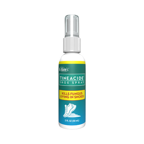 Tineacide Shoe Spray by Dr.Blaine's in 2 oz size, antifungal foot care product with Clotrimazole, ideal for eliminating shoe odor and fungus.