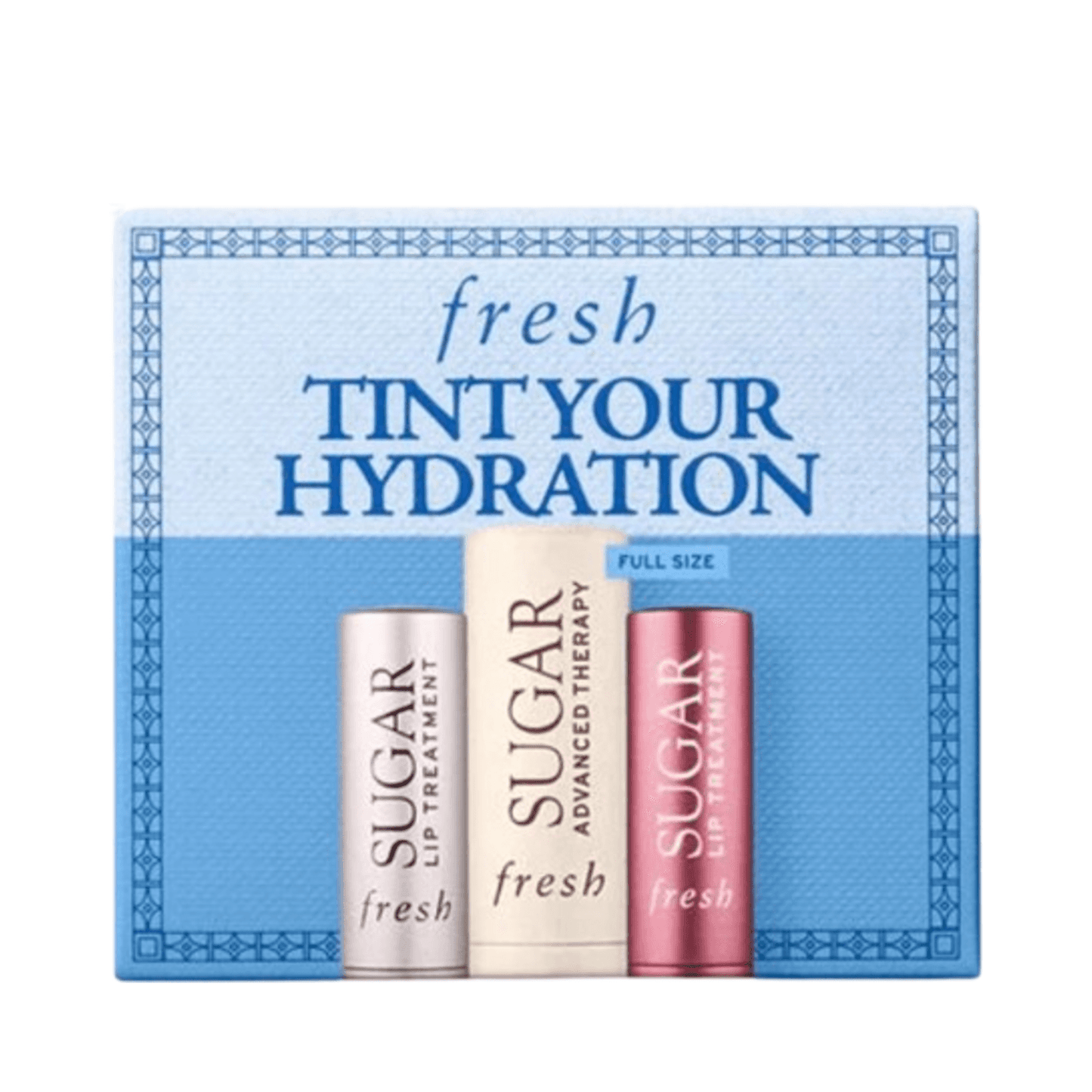 Fresh Tint Hydration - Mini Lip Balm Set by Sugar Ros featuring three full-size lip treatments for dry lips in a blue gift box.