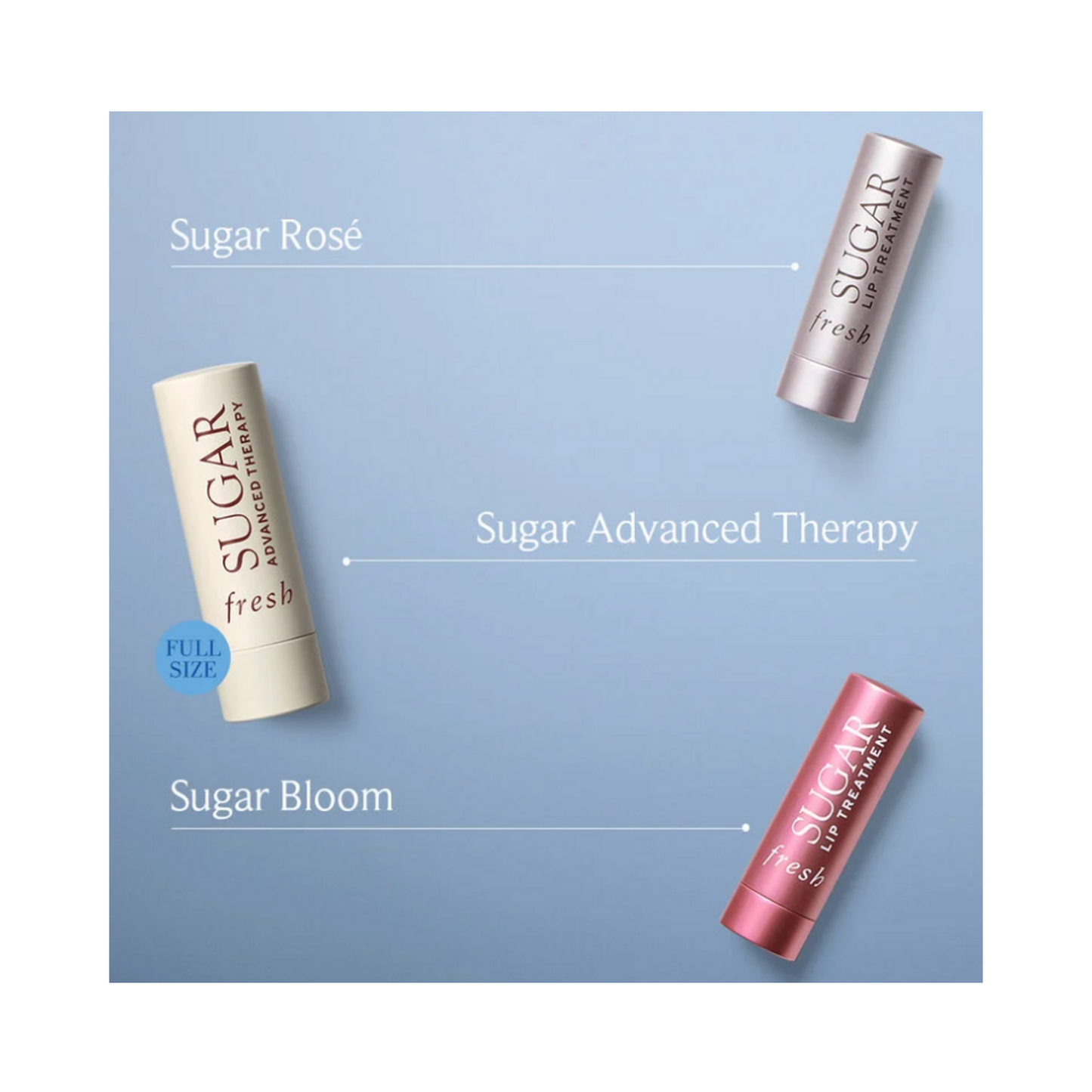 Fresh Tint Hydration Mini Lip Balm Set includes Sugar Rosé, Sugar Advanced Therapy, and Sugar Bloom lip treatments for hydration and care.