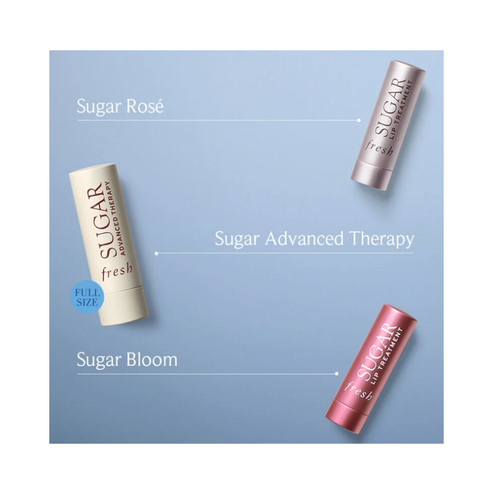 Fresh Tint Hydration Mini Lip Balm Set includes Sugar Rosé, Sugar Advanced Therapy, and Sugar Bloom lip treatments for hydration and care.