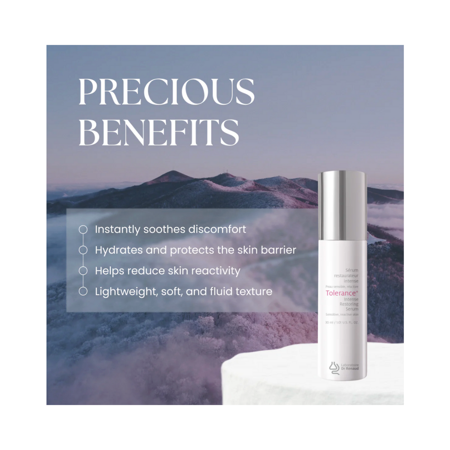 Dr Renaud Intense Restoring Serum displayed with benefits text overlay, emphasizing skin barrier protection and soothing properties.