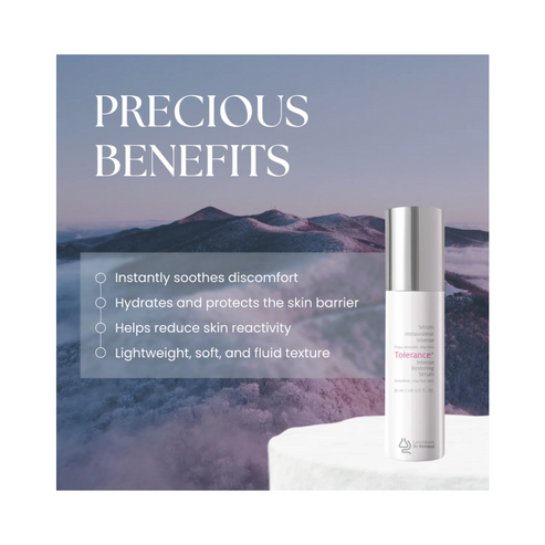 Dr Renaud Intense Restoring Serum displayed with benefits text overlay, emphasizing skin barrier protection and soothing properties.
