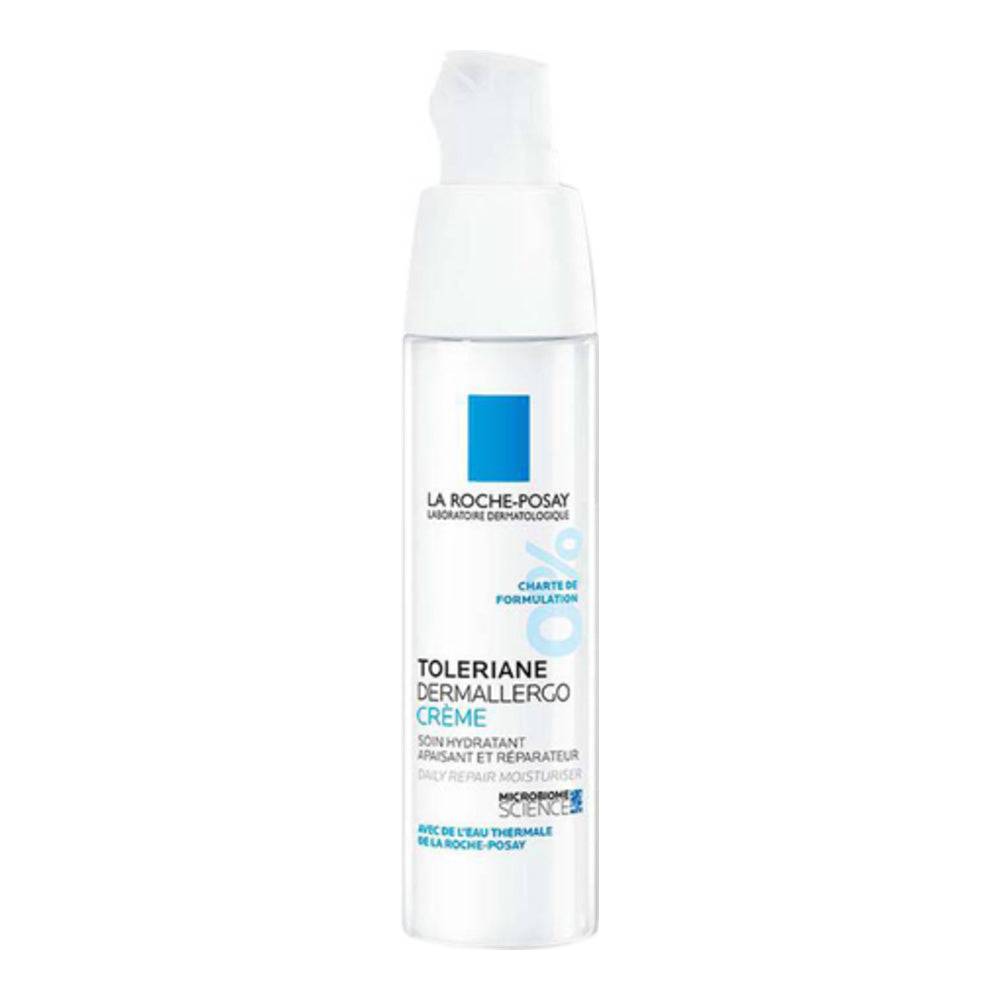 La Roche Posay Dermallergo Moisturizer for ultra-sensitive skin in a white pump bottle. Ideal for calming and hydrating delicate facial skin.