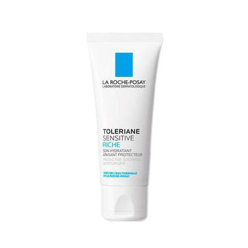 La Roche Posay Toleriane Sensitive Riche Moisturizer for dry skin, offering 48h hydration and soothing relief in a sleek white tube packaging.
