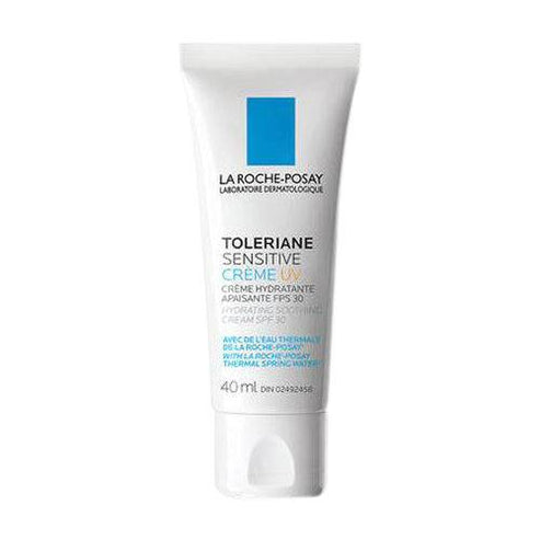 Front view of La Roche Posay Toleriane Sensitive UV SPF30 sunscreen. Ideal for face care with soothing and hydrating formula for sensitive skin.