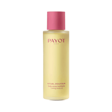 Payot Toning Body Oil with pink cap in 100ml bottle, designed to improve skin elasticity and tone using natural ingredients.