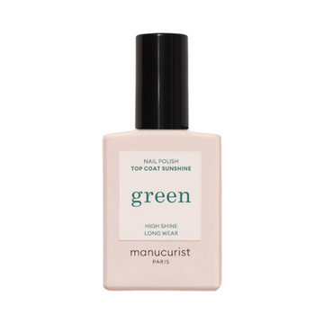 Manucurist Top Coat Sunshine nail polish in a pale pink bottle with black cap, offering high shine and long wear for a gel-effect finish.