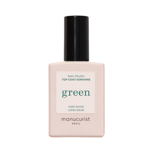 Manucurist Top Coat Sunshine nail polish in a pale pink bottle with black cap, offering high shine and long wear for a gel-effect finish.