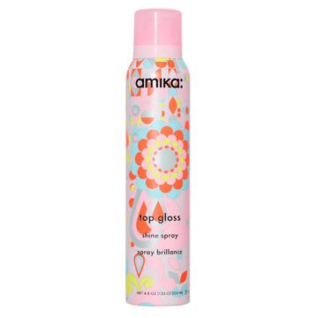 Amika Top Gloss Hair Shine Spray in colorful 200ml bottle for vibrant color, frizz control, and glossy finish. Ideal for hair styling routines.