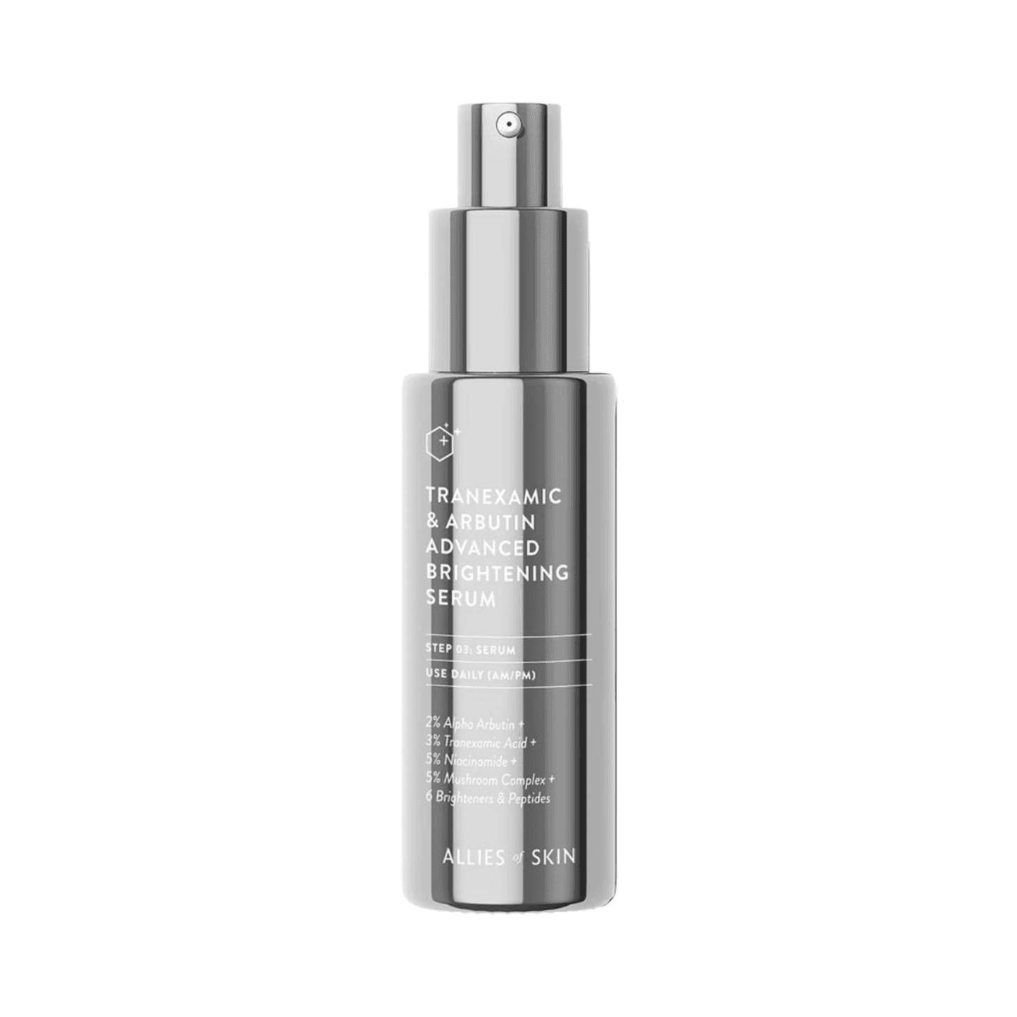 Allies of Skin Tranexamic and Arbutin Advanced Brightening Serum in a sleek silver pump bottle. Brightens skin with niacinamide and mushroom complex.
