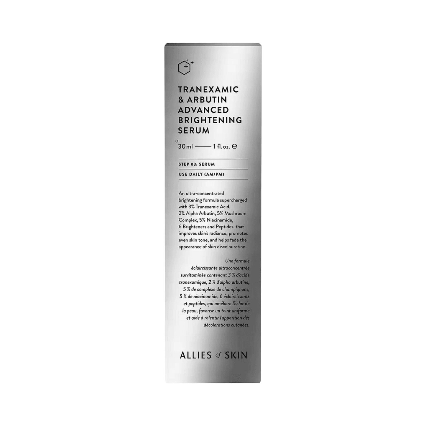 Product box of Tranexamic Arbutin Brightening Serum by Allies of Skin, listing ingredients like niacinamide, peptides, and 5% mushroom complex.