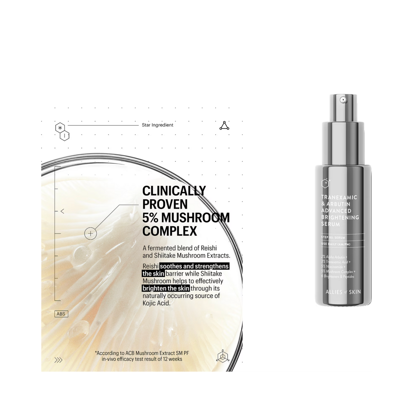 Visual of 5% mushroom complex in Allies of Skin Tranexamic Arbutin Brightening Serum. Reishi and shiitake extracts support skin brightening.