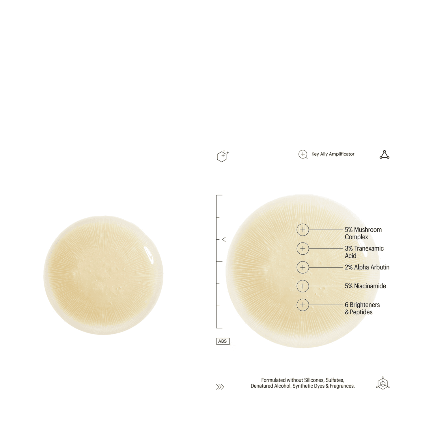 Texture swatches of Tranexamic Arbutin Brightening Serum showing key ingredients like 5% niacinamide, 3% tranexamic acid, and 6 brighteners.