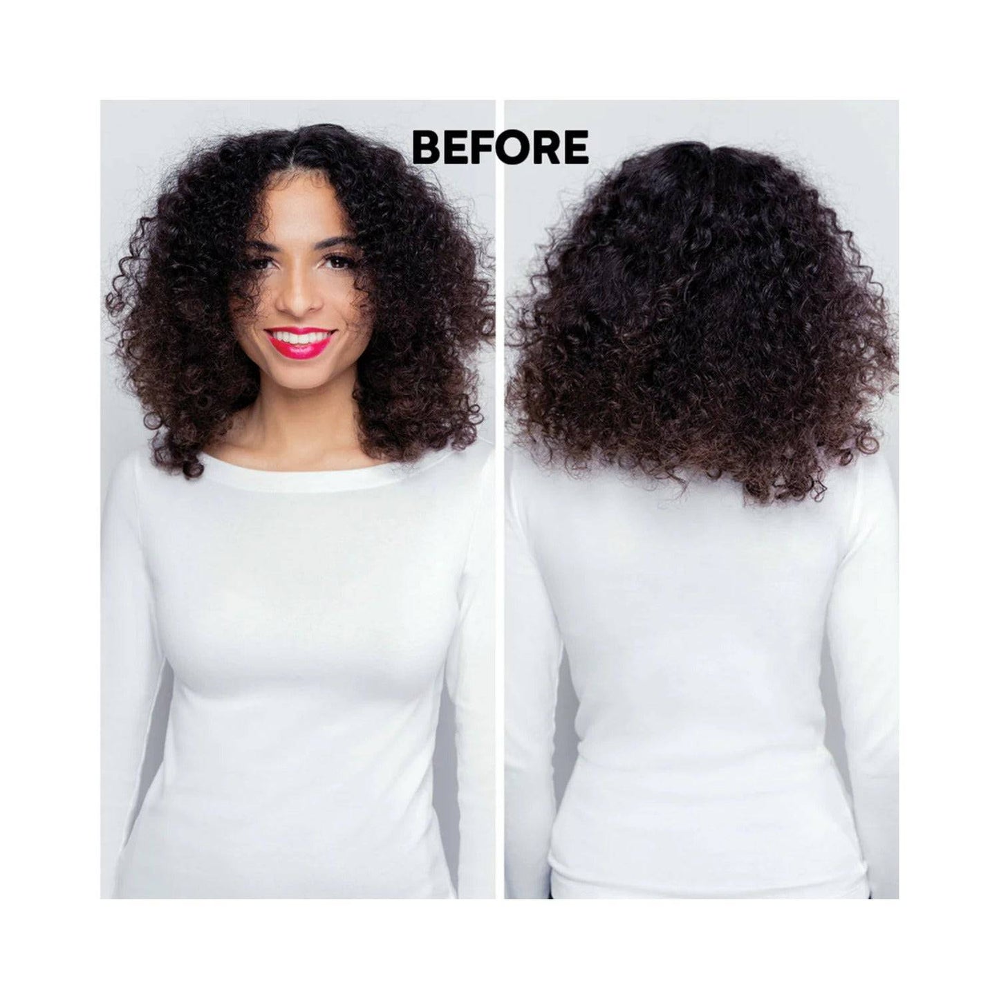 Frizzy curls shown before applying ColorProof Tru Curl Enhancing Creme, ideal for enhancing natural waves and tight curls.