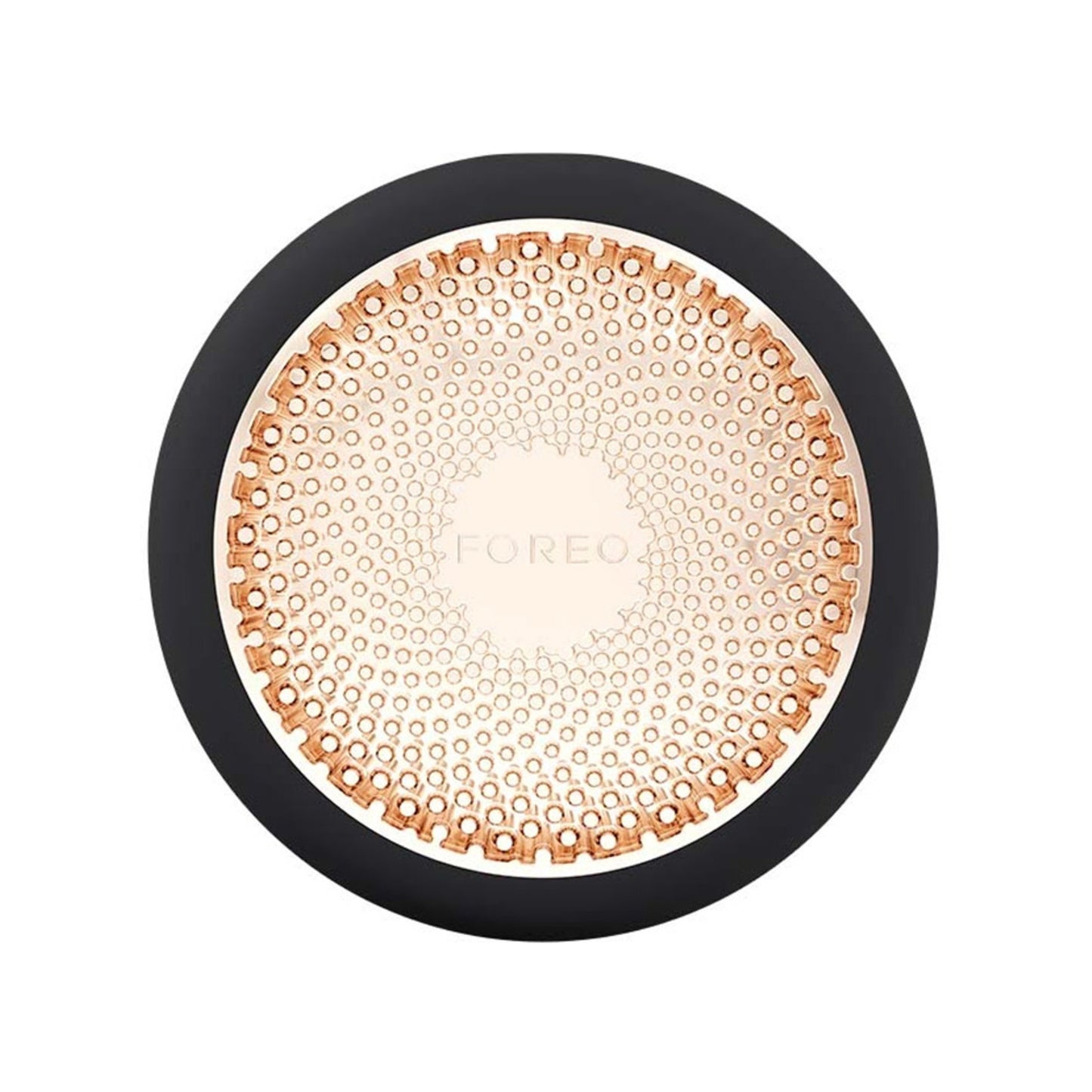 Foreo UFO 3 in black with gold LED plate, a luxury skincare tool for deep hydration and anti-aging facial care.