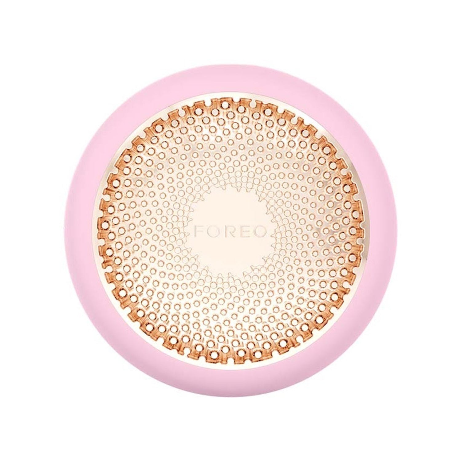 Foreo UFO 3 in pastel pink with gold LED treatment plate, offering NIR therapy and radiant skin care technology.