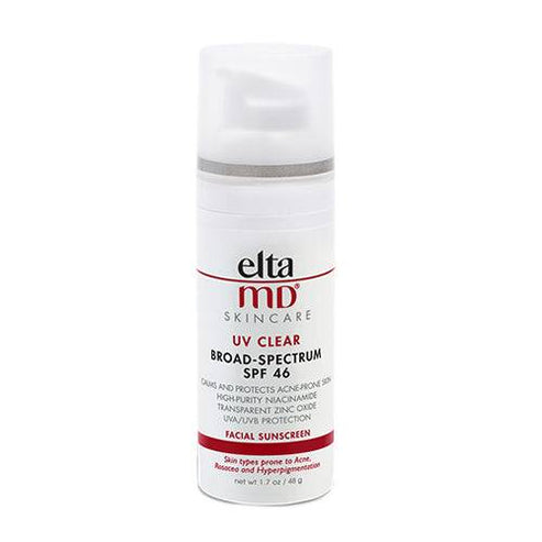 EltaMD UV Clear Broad-Spectrum SPF 46 facial sunscreen in a 1.7 oz pump bottle, ideal for acne-prone and sensitive skin with niacinamide.
