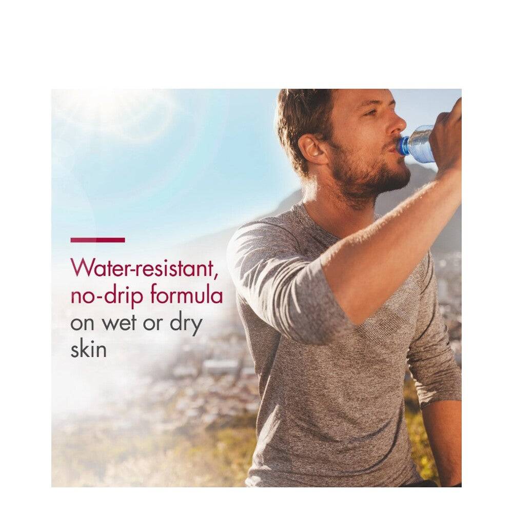 Man drinking water outdoors with text highlighting EltaMD UV Sport SPF 50's water-resistant, no-drip formula for wet or dry skin. Great for active lifestyles.