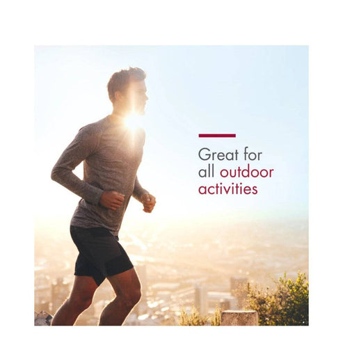 Man jogging at sunrise with text promoting EltaMD UV Sport SPF 50 as great for all outdoor activities. Shop UV Sport Broad-Spectrum SPF 50 online for sun protection.