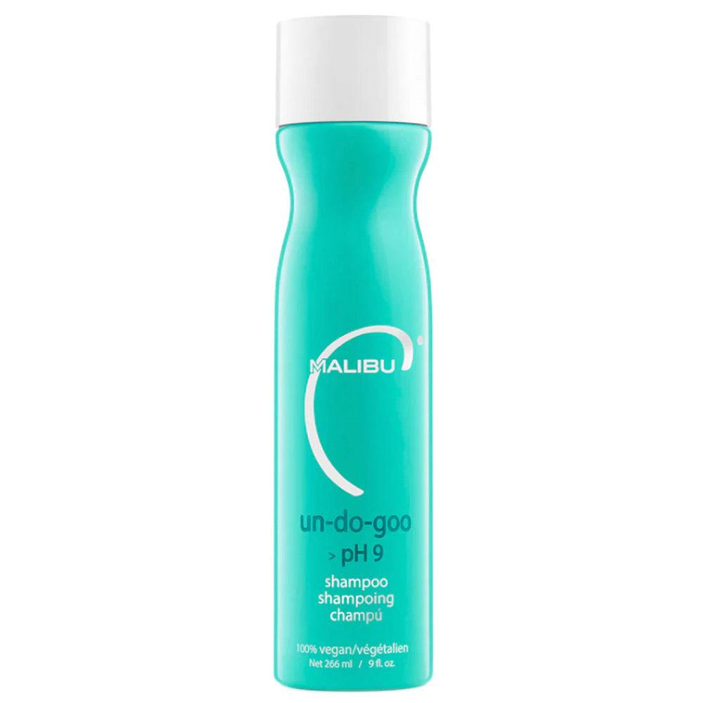 Efficient hair cleansing with Malibu C Un do goo Clarifying Shampoo in a teal 266ml bottle, ideal for removing styling product buildup.