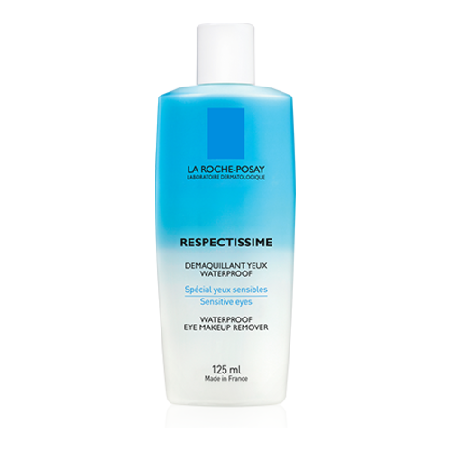 La Roche Posay Respectissime Bi-Phase Eye Makeup Remover for sensitive eyes. Gentle, effective cleansing of waterproof eye makeup, 125ml bottle.