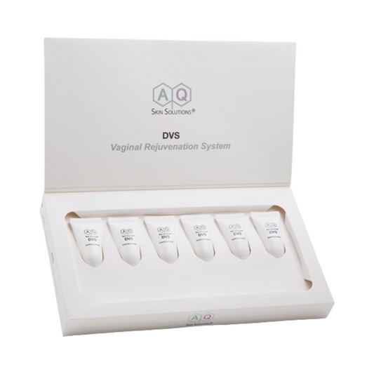Öppen låda med AQ Skin Solutions Vaginal Rejuvenation System som visar sex individuella behandlingsrör för intim kroppsvård och återfuktning.