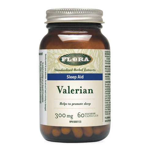 Front label of Flora Valerian 300 mg - Valerian Sleep Aid 300 mg, showing dosage and capsule count for herbal sleep support.