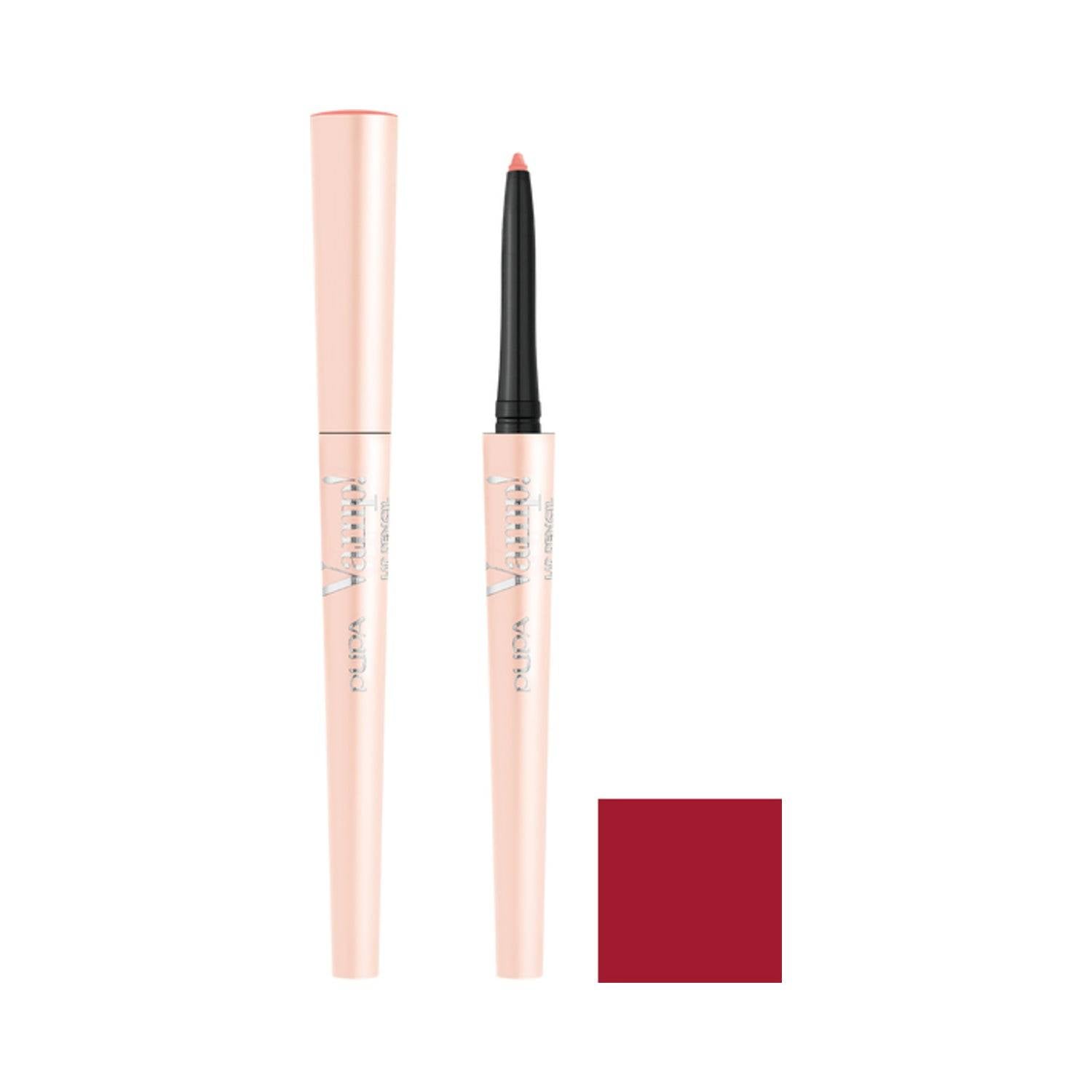 Pupa Vamp Lip Pencil - Intense Red 012 shown with cap off and color swatch, highlighting its creamy texture and bold red pigment for defined lips.