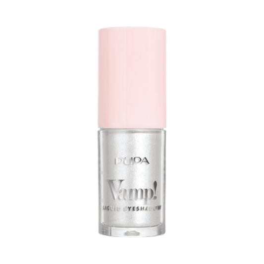 Pupa Liquid Eyeshadow i metallic silver nyans med snyggt rosa lock. Perfekt för sömlös blandning och levande ögonsminkresultat.