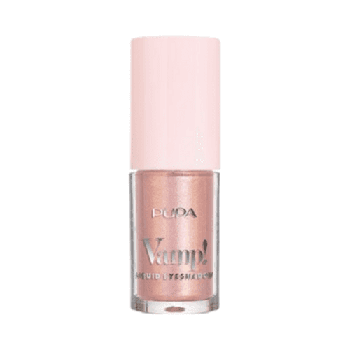 Pupa Liquid Eyeshadow i metallisk rosa nyans med snygg rosa keps, perfekt för sömlös applicering och livfulla ögonmakeup.