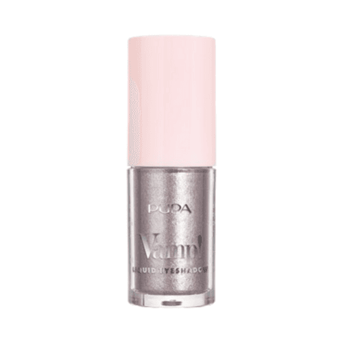 Pupa Liquid Eyeshadow in silver metallic tone with pink cap, offering long-lasting wear and seamless blending for bold eye makeup.