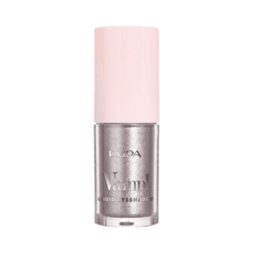 Pupa Liquid Eyeshadow in silver metallic tone with pink cap, offering long-lasting wear and seamless blending for bold eye makeup.