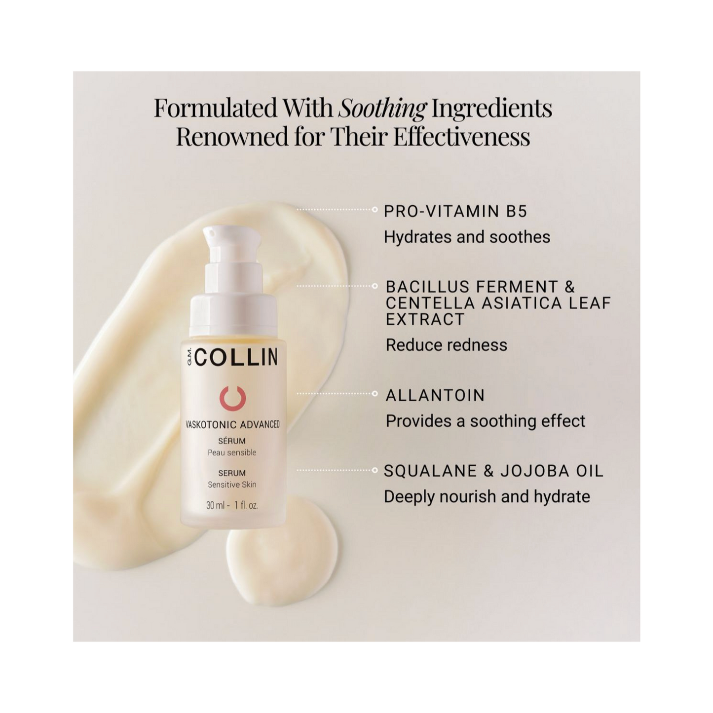 Ingredient breakdown of GM Collin Vaskotonic Serum showing skin-soothing actives like Pro-Vitamin B5 and Squalane for anti-redness and hydration.