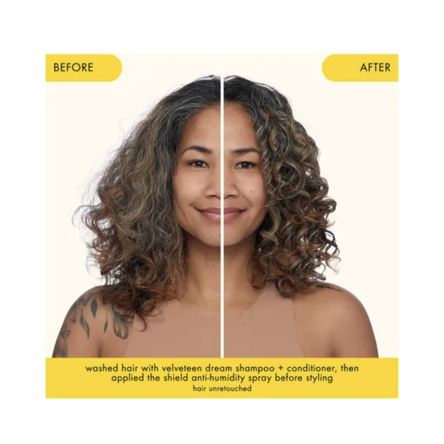 Before and after comparison of wavy hair treated with Amika Velveteen Dream Conditioner, highlighting smoother, more defined strands.