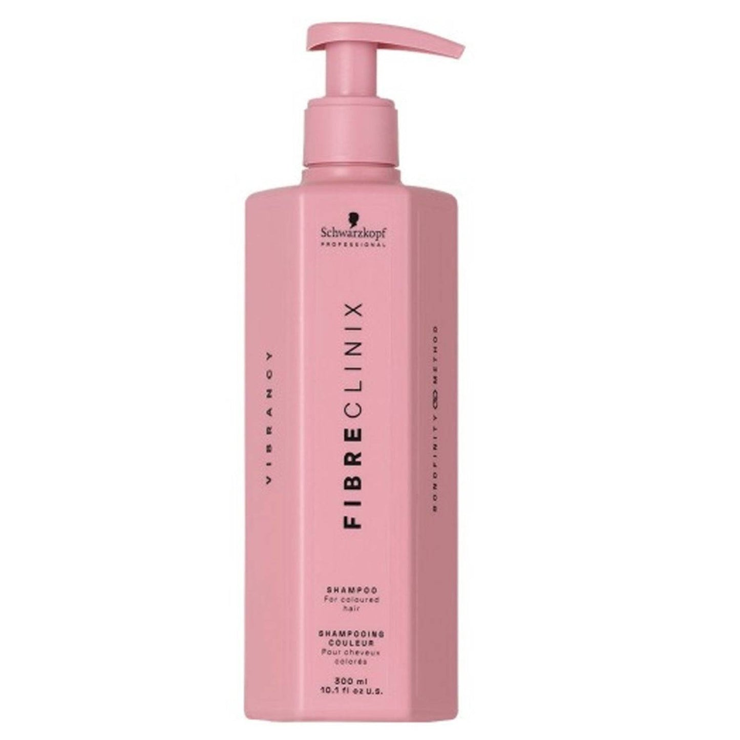 Schwarzkopf Fibre Clinix Vibrancy Shampoo offers sulfate-free cleansing and color protection in a sleek pink bottle for vibrant hair care.