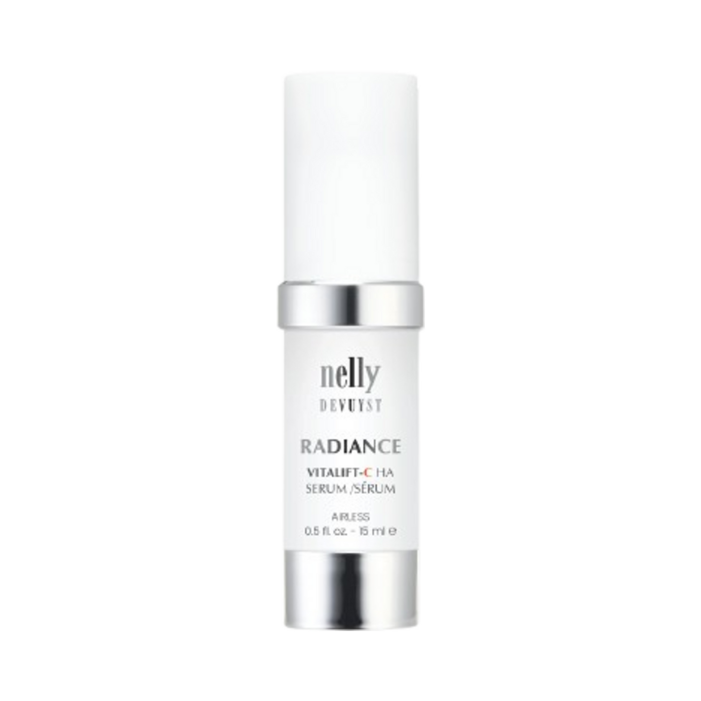 Nelly Devuyst Radiance VitaLift-C HA Serum in 15ml airless bottle, formulated with Vitamin C and Hyaluronic Acid for skin rejuvenation.