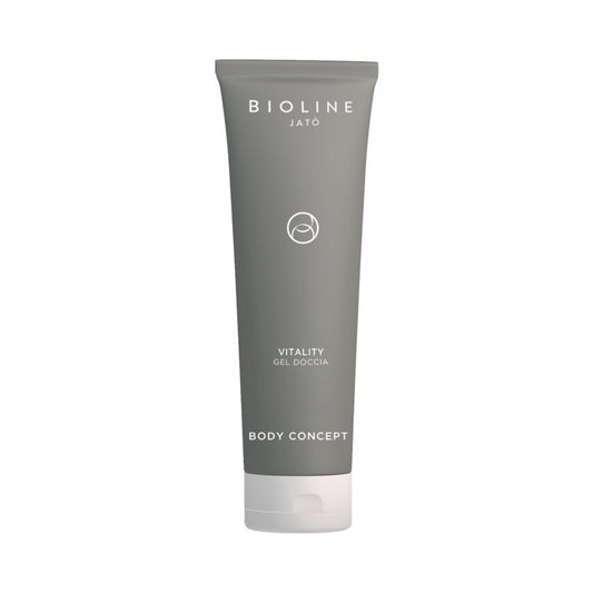 Bioline Vitality Shower Gel, 250 ml/8,5 fl oz i elegant grå tube-emballasje for å revitalisere og rense tørr hud. Ideell for daglig kroppspleierutine.