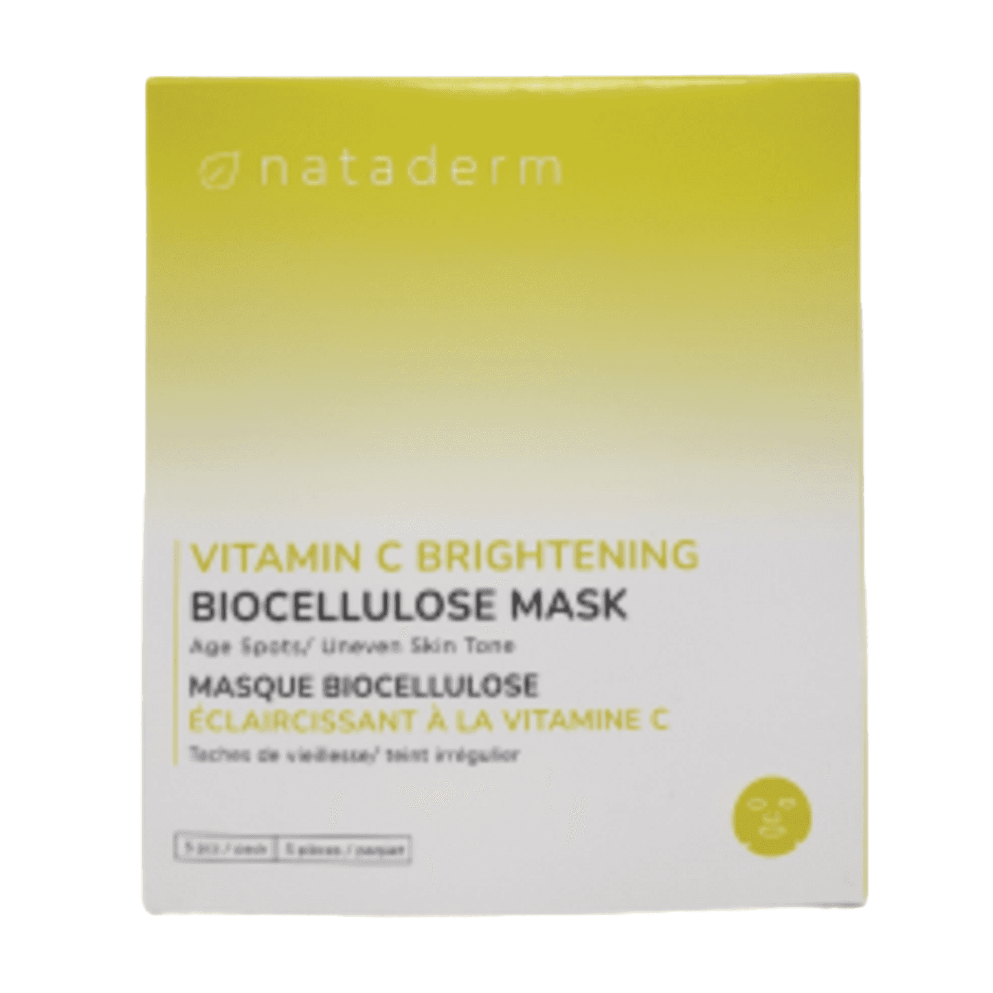 Packaging of Nataderm Vitamin C Brightening Biocellulose Mask, a skincare product for dull skin and dark spots in the face mask category.
