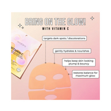 Visual guide of Avatara Vitamin C Mask benefits like hydration, glow enhancement, and dark spot targeting with hydrogel sheet.