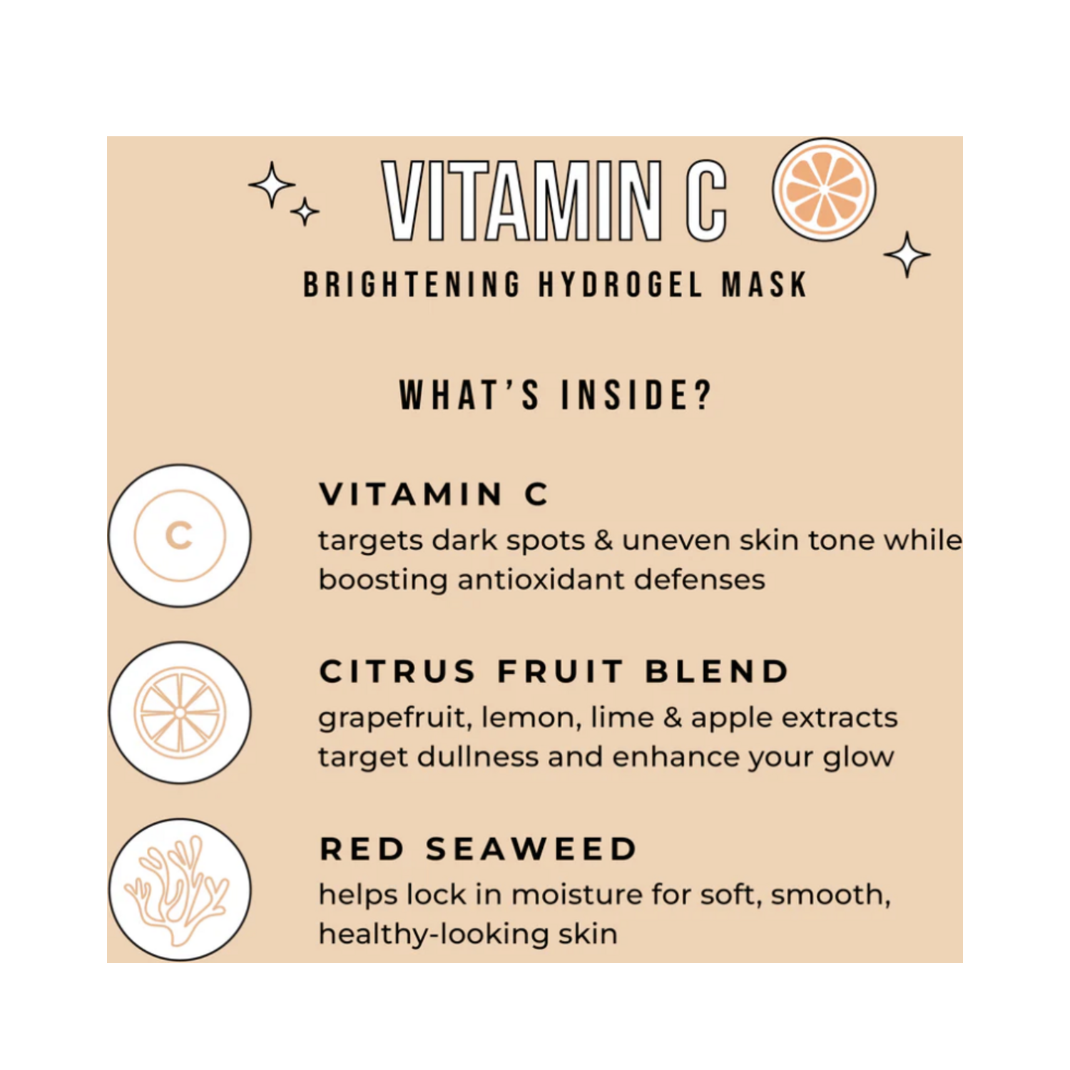 Infographic showing ingredients in Avatara Vitamin C Mask including citrus blend and red seaweed for skin brightening and hydration.