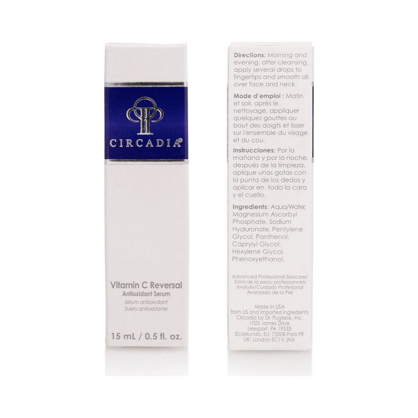 Circadia Vitamin C Reversal Serum packaging showing product directions and ingredients, antioxidant face serum for firm and hydrated skin.