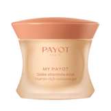 Payot Vitamin Rich Radiance Gel moisturizer with vitamin C, designed to boost natural radiance and hydrate dry skin in a sleek peach-colored container.