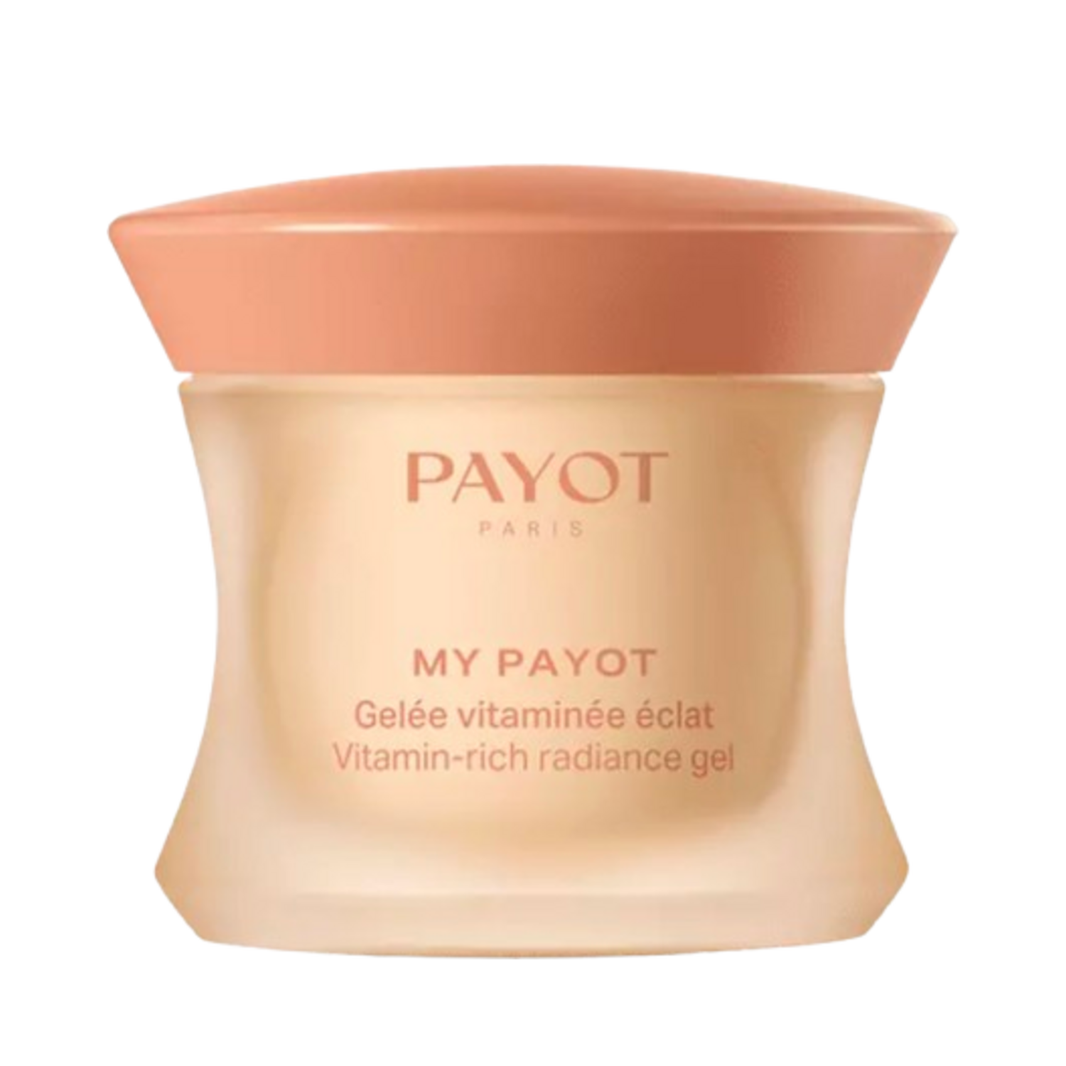 Payot Vitamin Rich Radiance Gel moisturizer with vitamin C, designed to boost natural radiance and hydrate dry skin in a sleek peach-colored container.
