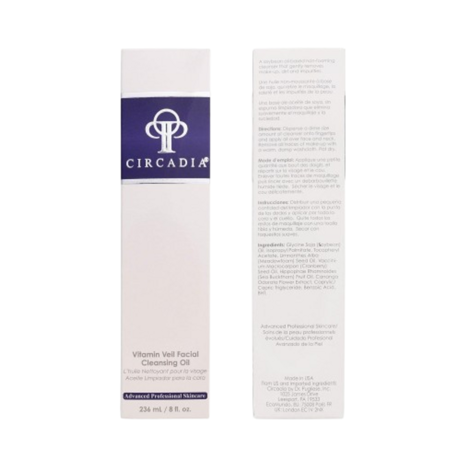 Circadia Vitamin Veil Cleanser product packaging with ingredient list and usage instructions, 236 ml oil-based facial cleanser.