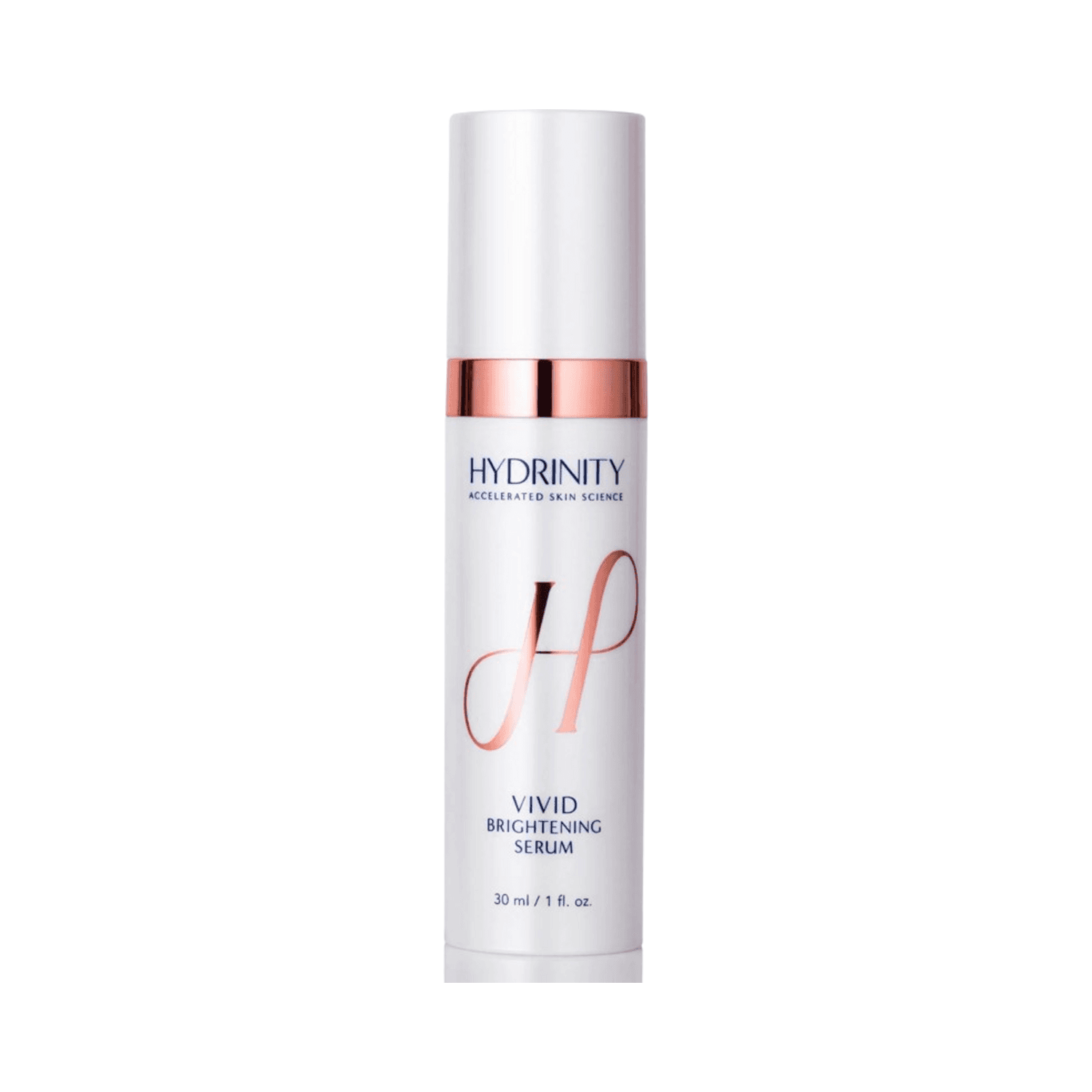 Hydrinity Vivid Brightening Serum 30ml bottle with rose gold accents, designed to treat dry and mature skin. Available at eSkinStore.