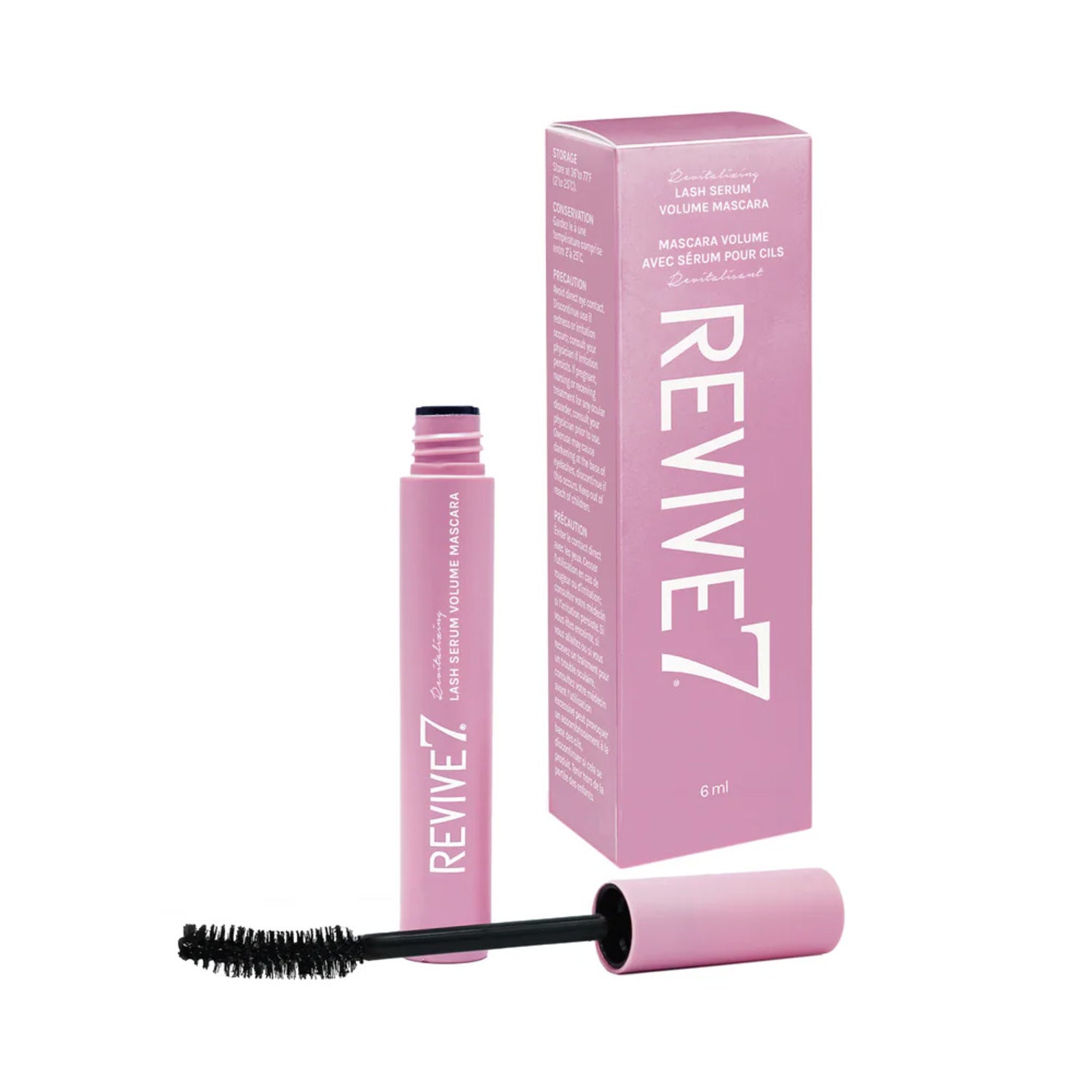 Revive7 Volumizing Lash Serum Mascara in pink tube with matching box, designed for dramatic volume and fuller lashes in eye makeup routines.