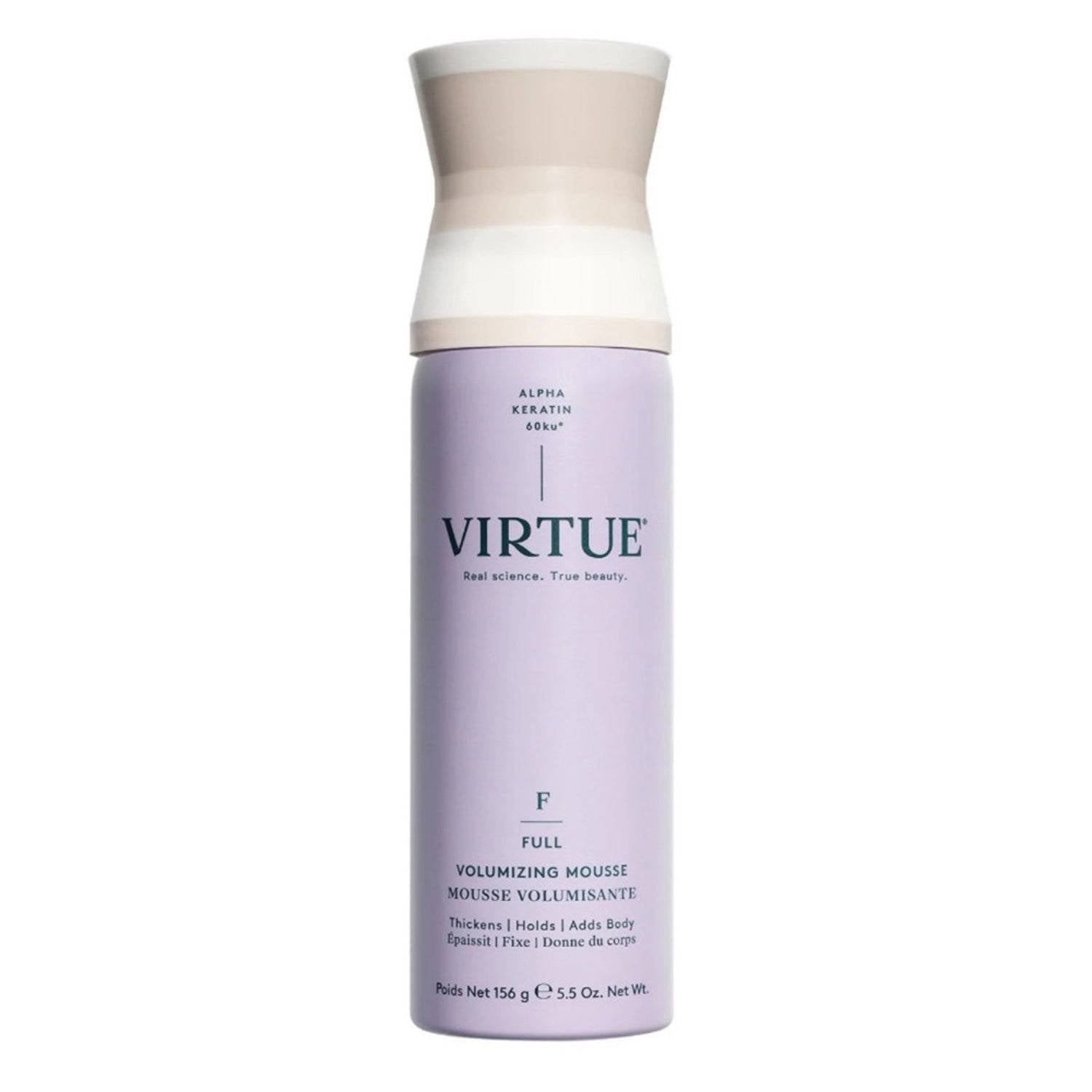 Virtue Volumizing Primer - Volume Builder in a sleek lavender bottle with pump top. Ideal for lifting and setting hair with long-lasting volume.