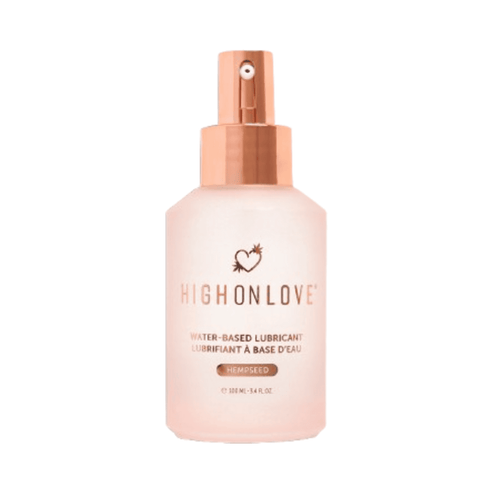High on Love Water Based Lubricant Body Treatment in elegant frosted bottle with rose gold dispenser, part of eSkinStore's skincare essentials.